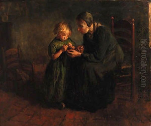 The knitting lesson Oil Painting by Jacob Simon Hendrik Kever