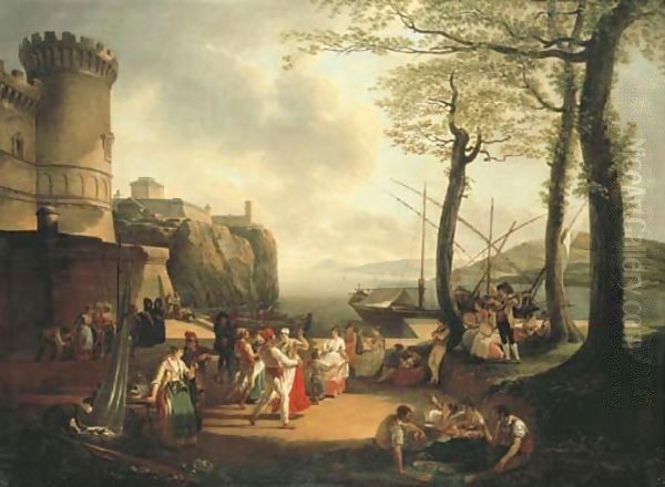 La Tarantelle An evening coastal landscape with Neapolitan peasants dancing the Tarantella Oil Painting by Jacques-Henri Sablet