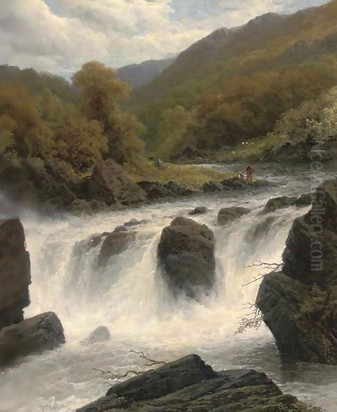 Anglers by a waterfall Oil Painting by James Burrell-Smith