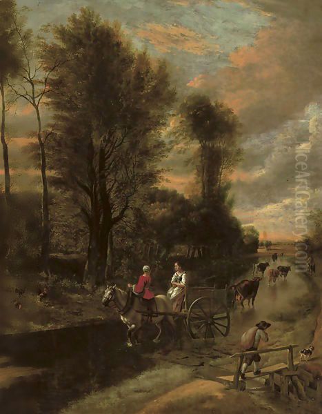 A horse-drawn cart with two women travelling down a flooded road at the edge of a wood Oil Painting by Jan Siberechts