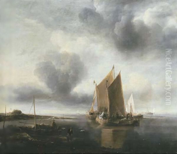 Two smalschips and other shipping off a sandbank in a calm Oil Painting by Jan Van De Capelle