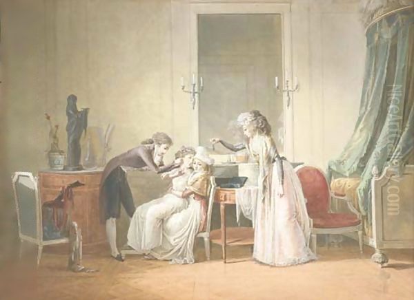 A young man piercing the ear of a young girl seated on the knees of a woman, another bringing an earring Oil Painting by Jean-Baptiste Mallet