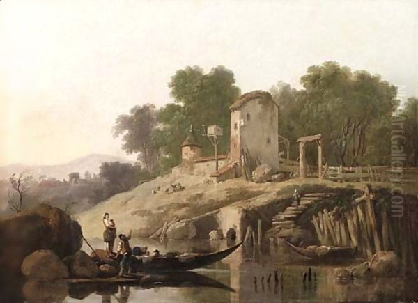 An Italianate river landscape with gondolas, a farmhouse beyond Oil Painting by Jean-Baptiste Pillement