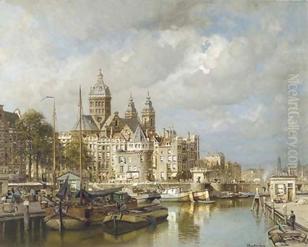 A bustling Prins Hendrikkade with the St. Nicolaas church and the Schreierstoren, Amsterdam Oil Painting by Johannes Christiaan Karel Klinkenberg