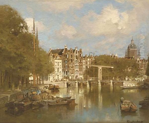 The Waals Eilandsgracht with the St. Nicolaas church beyond, Amsterdam Oil Painting by Johannes Christiaan Karel Klinkenberg