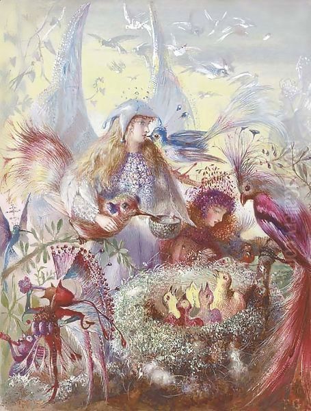 Fairies and a bird's nest Oil Painting by John Anster Fitzgerald