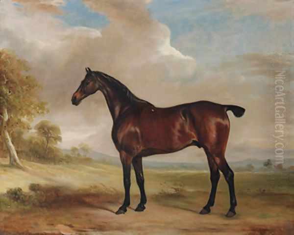 A bay hunter in an extensive landscape Oil Painting by John Snr Ferneley