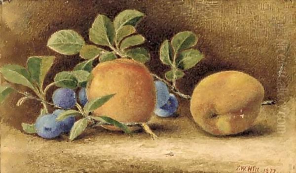 Still Life with Peaches and Plums Oil Painting by John William Hill