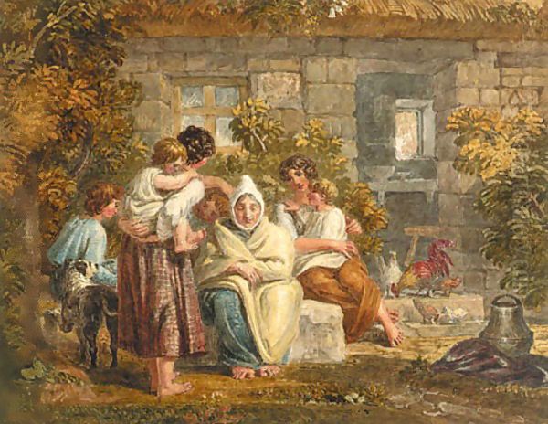 Figures outside a thatched farmhouse Oil Painting by Joshua Cristall