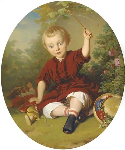 A young boy in a garden Oil Painting by Konstantin Johannes Franz Cretius