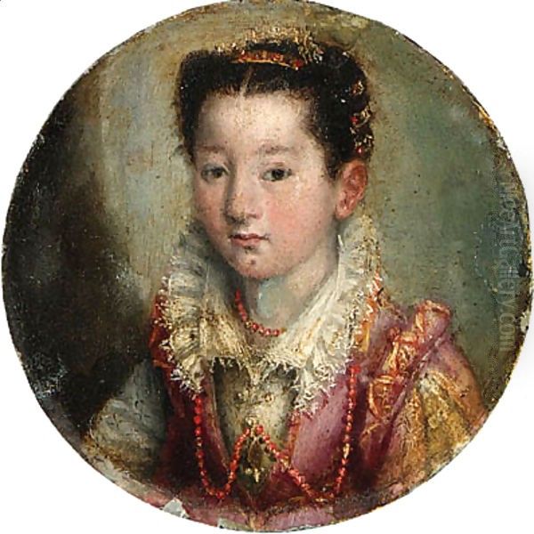 Portrait of a girl, bust-length, in a pink and white embroidered dress, wearing a coral necklace Oil Painting by Lavinia Fontana