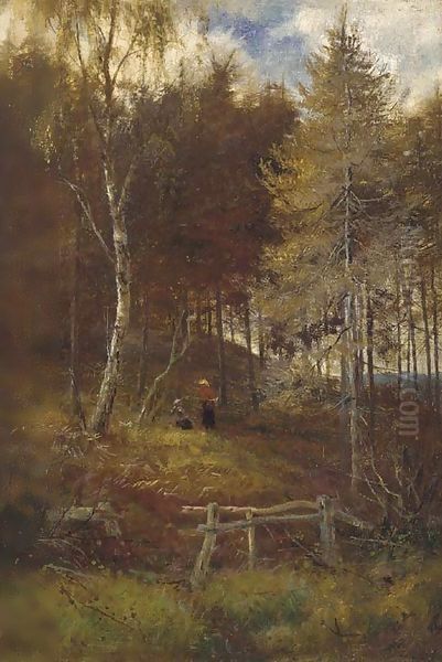 Figures resting on a woodland path Oil Painting by Louis Bosworth Hurt