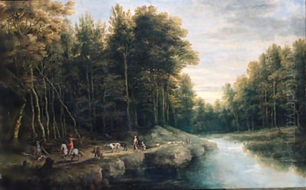 Sportsmen, shepherds and peasants on a track by a brook in a forest, another sportsman shooting duck nearby Oil Painting by Lucas Van Uden