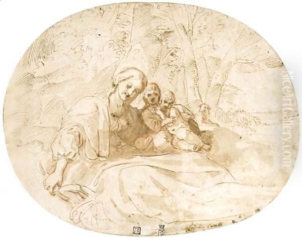 The Virgin and Child with the Infant Baptist in a wooded landscape near the coast Oil Painting by Lodovico Carracci