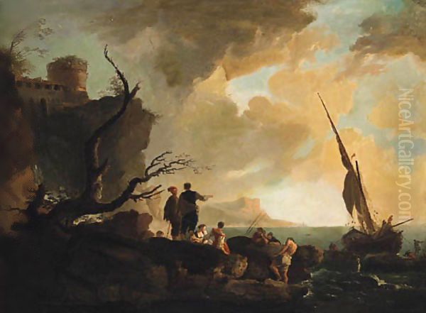 A Mediterranean coastline with Fisherfolk on the Shore, a hilltop Fortress beyond Oil Painting by Vernet Claude Joseph