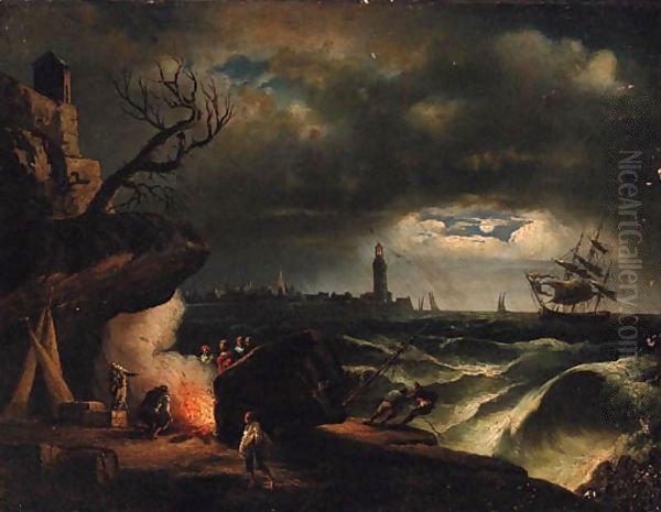 A moonlit coastline with a yacht in a storm near a lighthouse and fisherfolk around a fire in the foreground Oil Painting by Vernet Claude Joseph