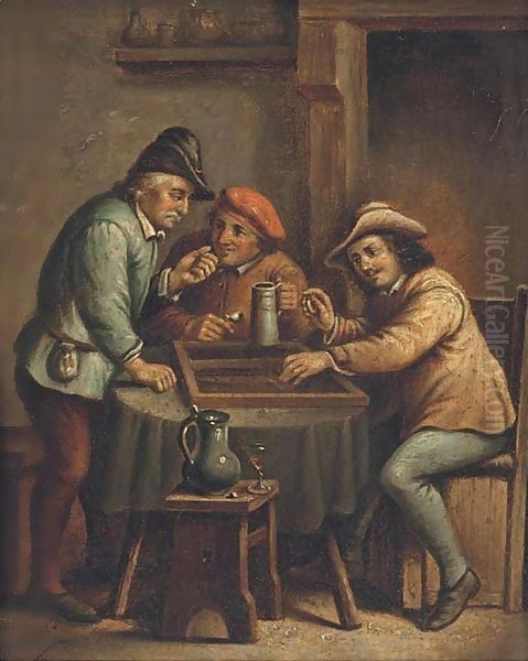 Boors playing backgammon and drinking in an interior Oil Painting by Bartolome Esteban Murillo