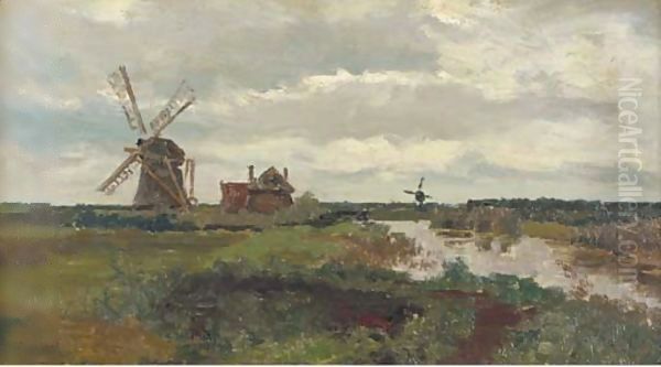 Windmills in a polder landscape Oil Painting by Paul Joseph Constantine Gabriel