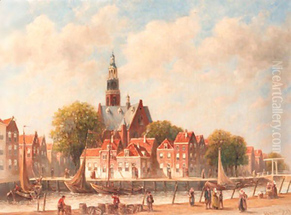 A view of the Schans, Maassluis, with the Grote Kerk beyond Oil Painting by Pieter Gerard Vertin