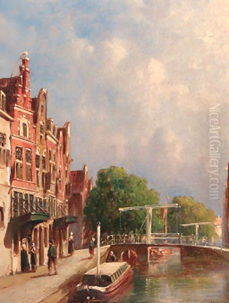 Figures on a sunlit quay with drawbridges over a canal Oil Painting by Pieter Gerard Vertin