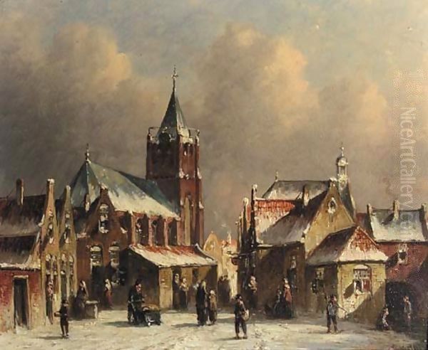 Townsfolk conversing on a snow-covered square in a city Oil Painting by Pieter Gerard Vertin