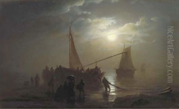 Nocturne the arrival of the fishing fleet Oil Painting by Petrus van Schendel