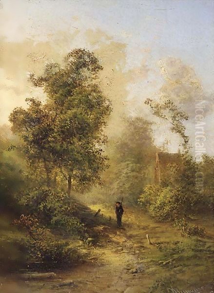 A hunter walking on a forest path Oil Painting by Pieter Lodewijk Francisco Kluyver