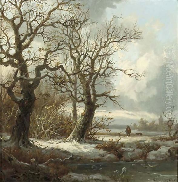 A winterlandscape with a traveller on a path Oil Painting by Pieter Lodewijk Francisco Kluyver