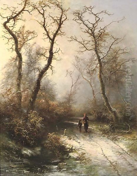 In the forest in winter Oil Painting by Pieter Lodewijk Francisco Kluyver