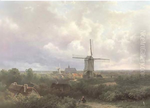 Windmills in a panoramic landscape in summer Oil Painting by Pieter Lodewijk Francisco Kluyver