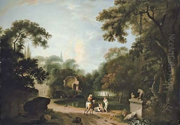 A classical wooded landscape with ruins, a traveller on a path and figures resting by a river Oil Painting by Richard Wilson