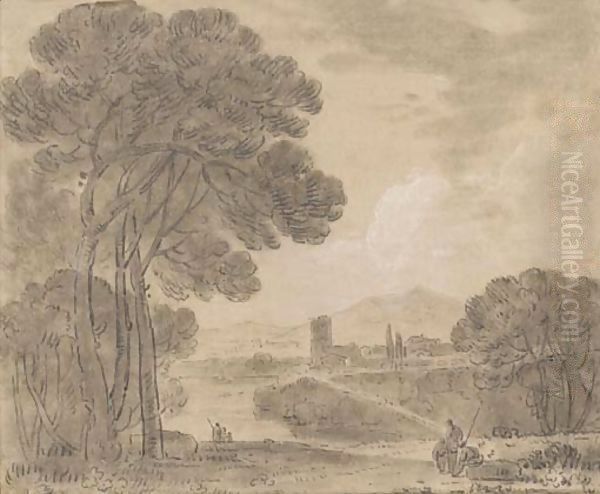 An Italian landscape with figures on a path and a town beyond Oil Painting by Richard Wilson