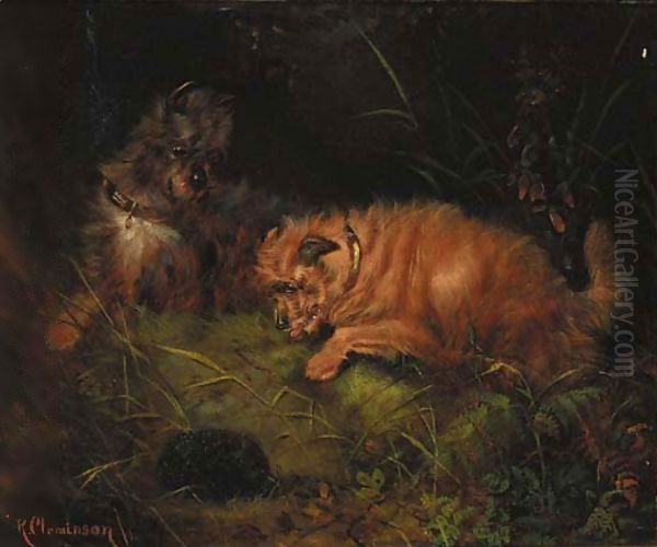 Two terriers with a hedgehog Oil Painting by Robert Cleminson