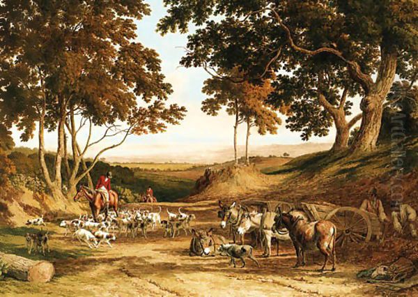 Huntsmen and Hounds on a Country Lane, with donkeys and labourers looking on Oil Painting by Robert Hills