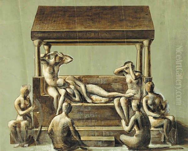 Study establishing the disposition of the central group of figures in 'Arthur in Avalon' Oil Painting by Sir Edward Coley Burne-Jones