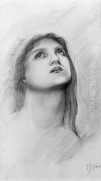 Study of a girl's head, looking up to right Oil Painting by Sir Edward Coley Burne-Jones