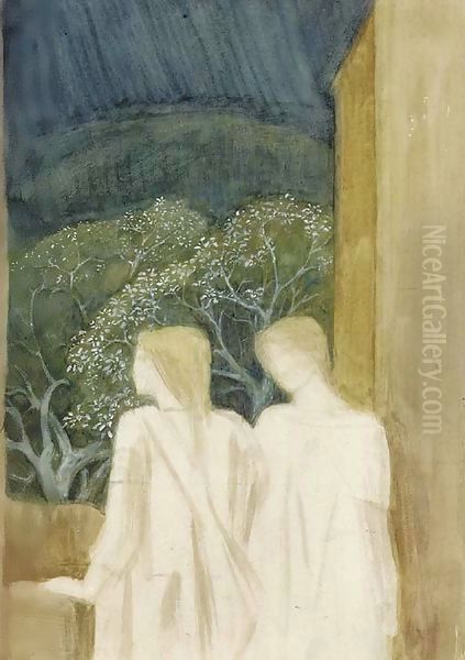 Two figures on a terrace a study for 'Arthur in Avalon' Oil Painting by Sir Edward Coley Burne-Jones