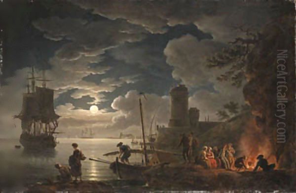 A moonlit harbor scene with a fisherman and figures seated around a fire, shipping beyond Oil Painting by Vernet Claude Joseph