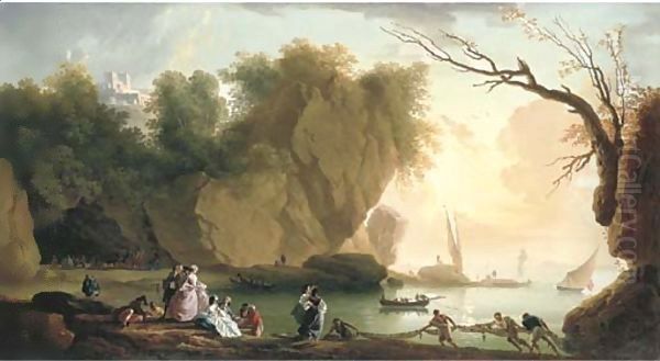 A coastal landscape with elegant figures and fishermen, a fortress and shipping beyond Oil Painting by Vernet Claude Joseph