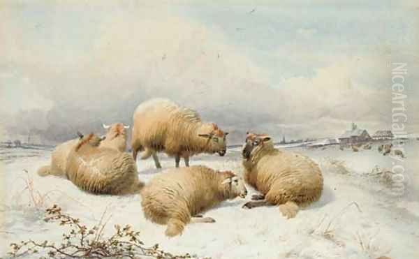 Sheep in the snow Oil Painting by Thomas Sidney Cooper