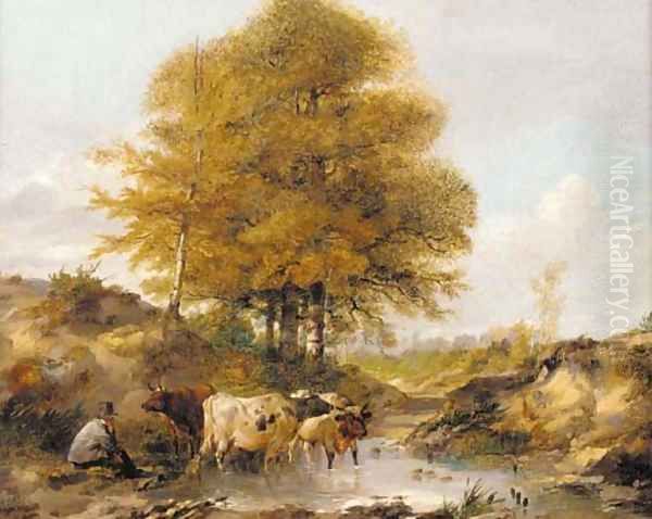 Cattle watering 2 Oil Painting by Thomas Sidney Cooper