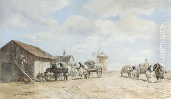 Horse-drawn wagons halting by a barn Oil Painting by Willem Carel Nakken