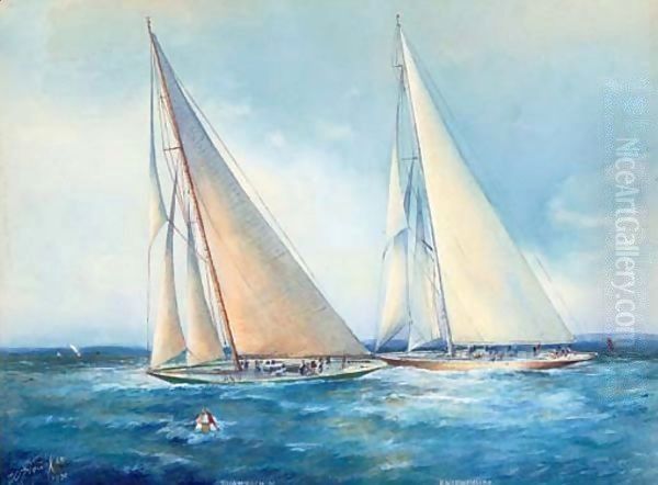 Shamrock (V) and Enterprise on an upwind leg Oil Painting by William Alexander Coulter