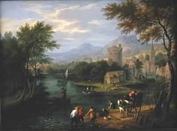 River valley landscape with travellers and fishermen Oil Painting by Boudewyns