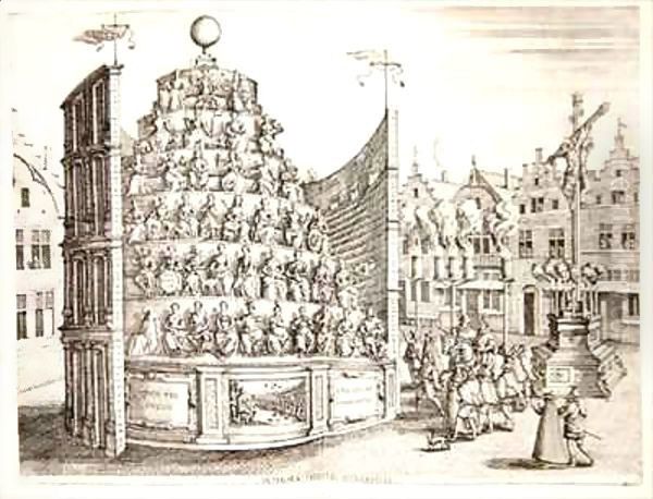 Illustration depicting a moveable theatre Oil Painting by Pieter van der Borcht