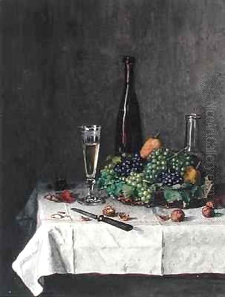 Still Life with Basket of Grapes, Walnuts and Knife Oil Painting by Leon Bonvin