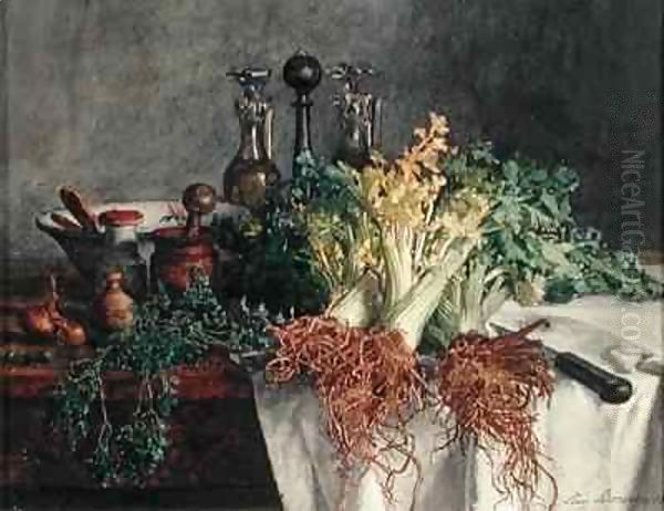 Still Life on Kitchen Table with Celery, Parsley, Bowl and Cruets by Leon Bonvin