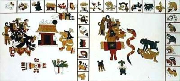 Hieroglyphic manuscript depicting the god Chuacohuati Oil Painting by D.K. Bonatti