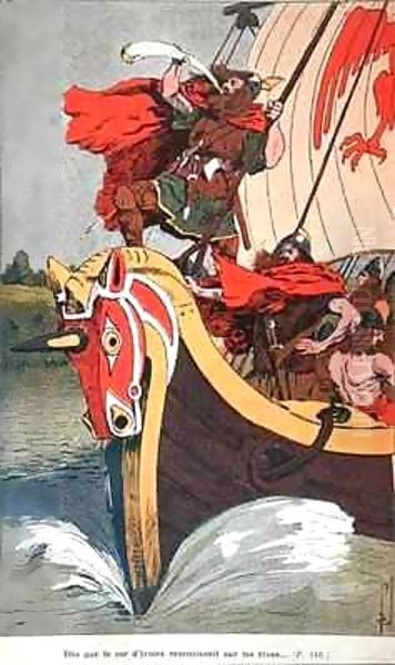 Viking blowing the horn on a longship as it approaches the norse coast Oil Painting by Louis Bombled