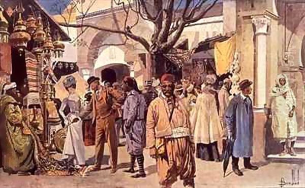 Parc au Trocadero: The Tunisian Exhibition, Entrance to the Souk or Public Market Oil Painting by Louis Bombled